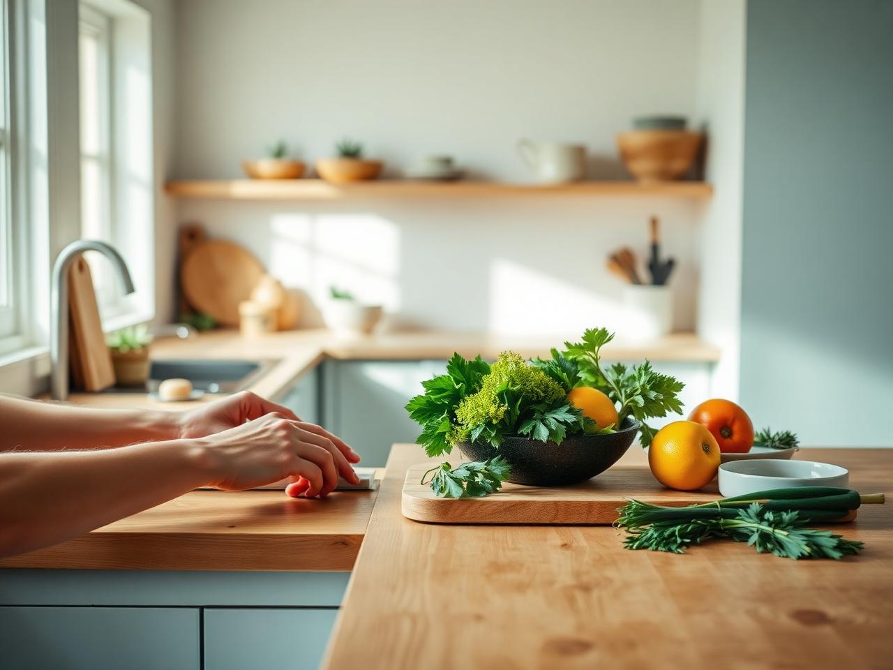 Fresh ingredients in a sunlit kitchen during meal preparation