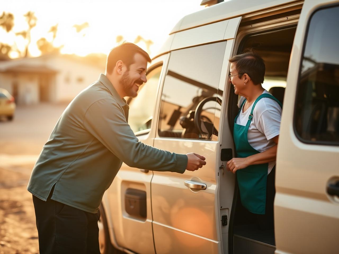 Support worker helping a participant into a community transport van